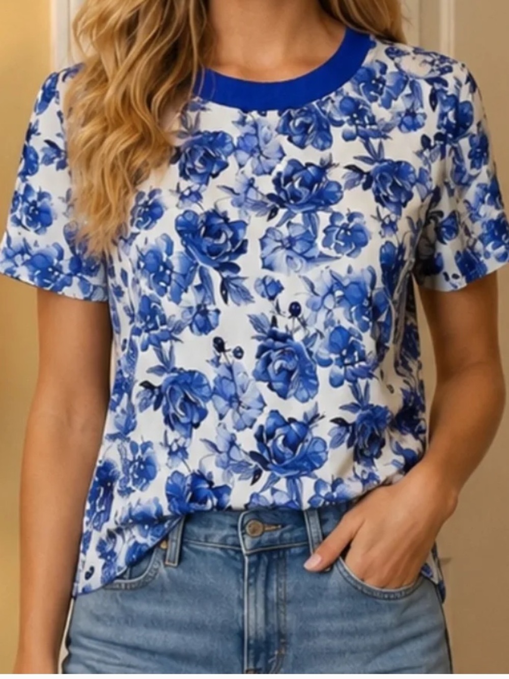 Alice + Olivia Kane Blue White Floral Tee T-Shirt Top Size S